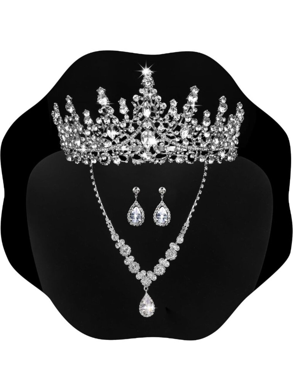 Elegant Silver Crystal Crown Tiara & Necklace Jewelry Set for Weddings & Parties